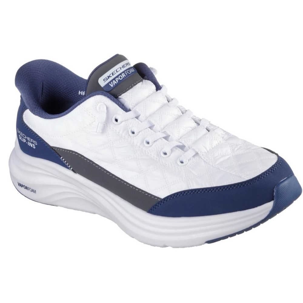 Men’s Slip In Contour Foam Cozy Fit Skechers White & Navy Athletic Shoes 12 NEW - Picture 2 of 8
